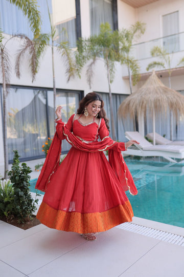 Red Mul Chanderi Mirror Work Anarkali Suit Set