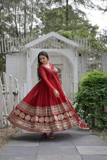 Red Sequin Embroidered Faux Blooming Anarkali Gown