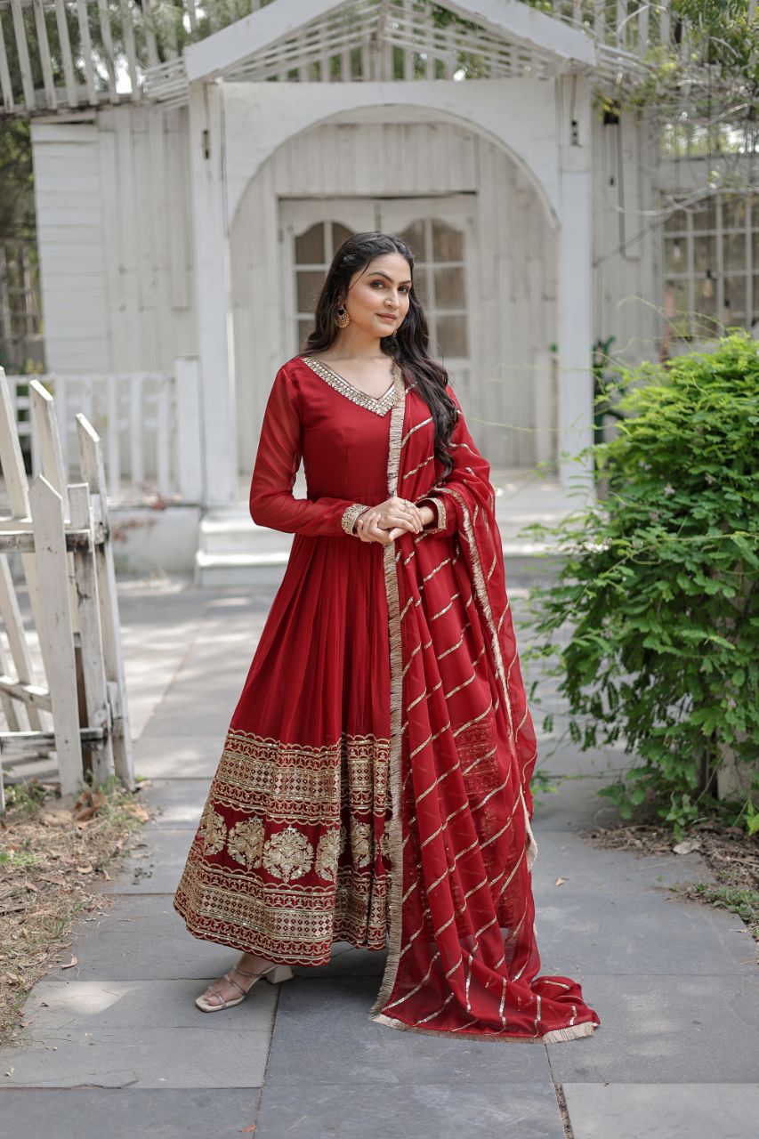 Red Sequin Embroidered Faux Blooming Anarkali Gown