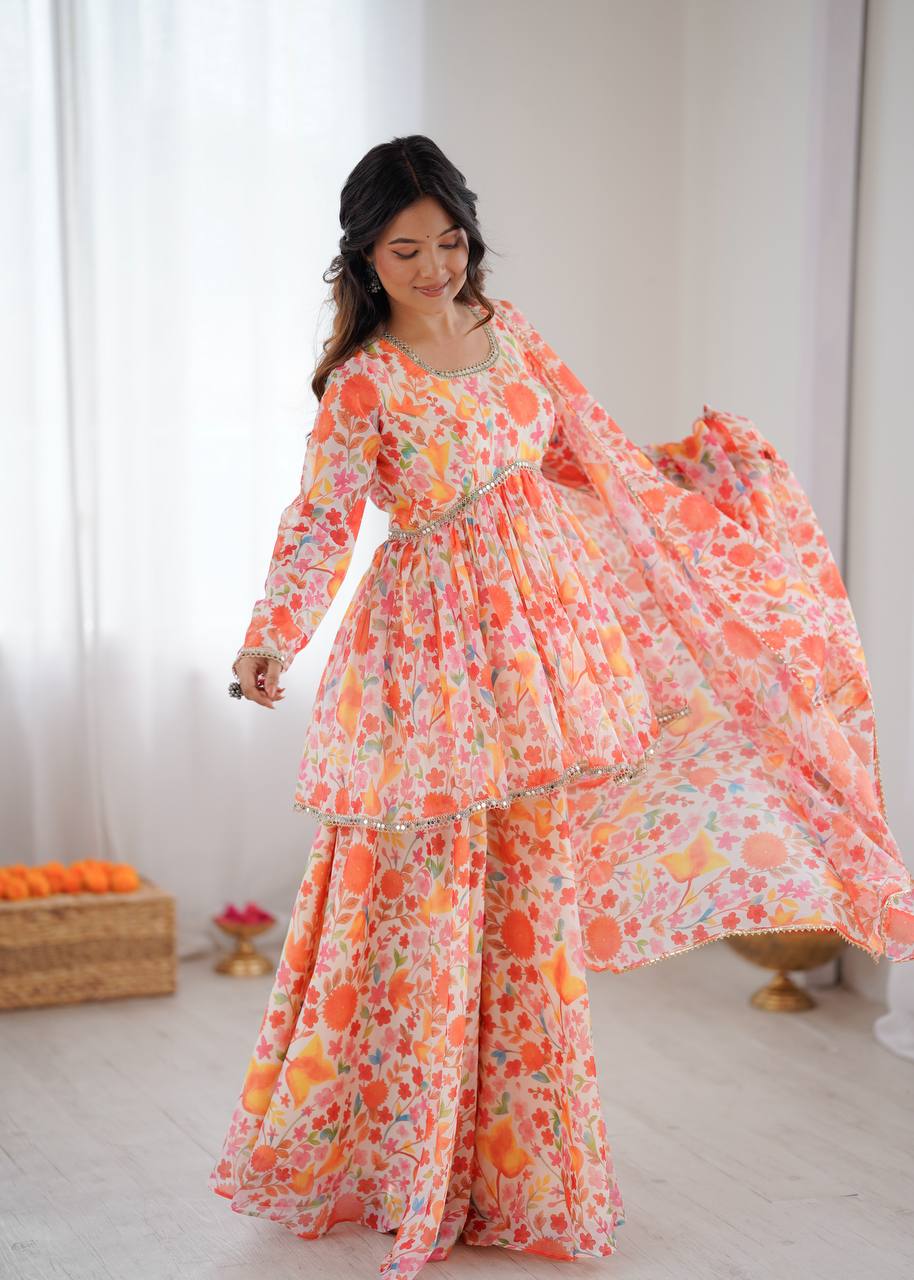 Tabby Organza Mirror Work Kediya Palazzo Set with Dupatta