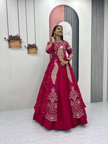 Rani Pure Vichitra Embroidered Crop Top Lehenga Set with Shrug