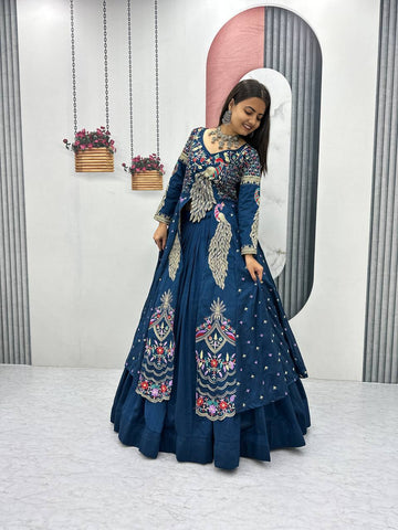 Rama Pure Vichitra Embroidered Crop Top Lehenga Set with Shrug