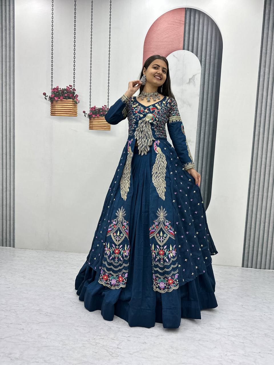 Rama Pure Vichitra Embroidered Crop Top Lehenga Set with Shrug