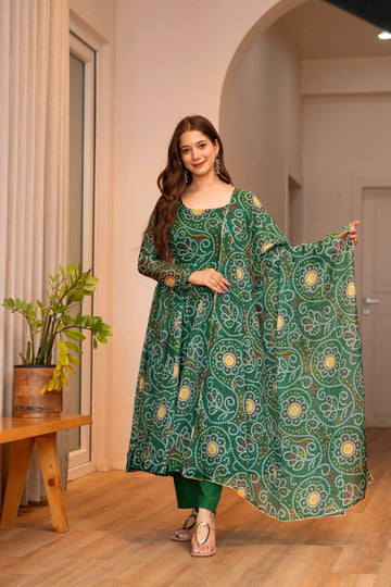 Mehendi Green Printed Organza Anarkali Suit Set