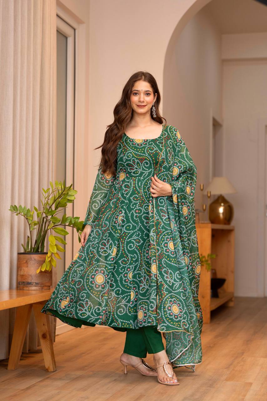Mehendi Green Printed Organza Anarkali Suit Set
