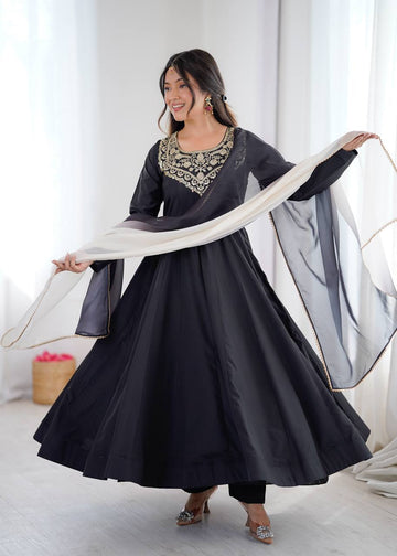 Black French Crepe Embroidered Anarkali Suit Set