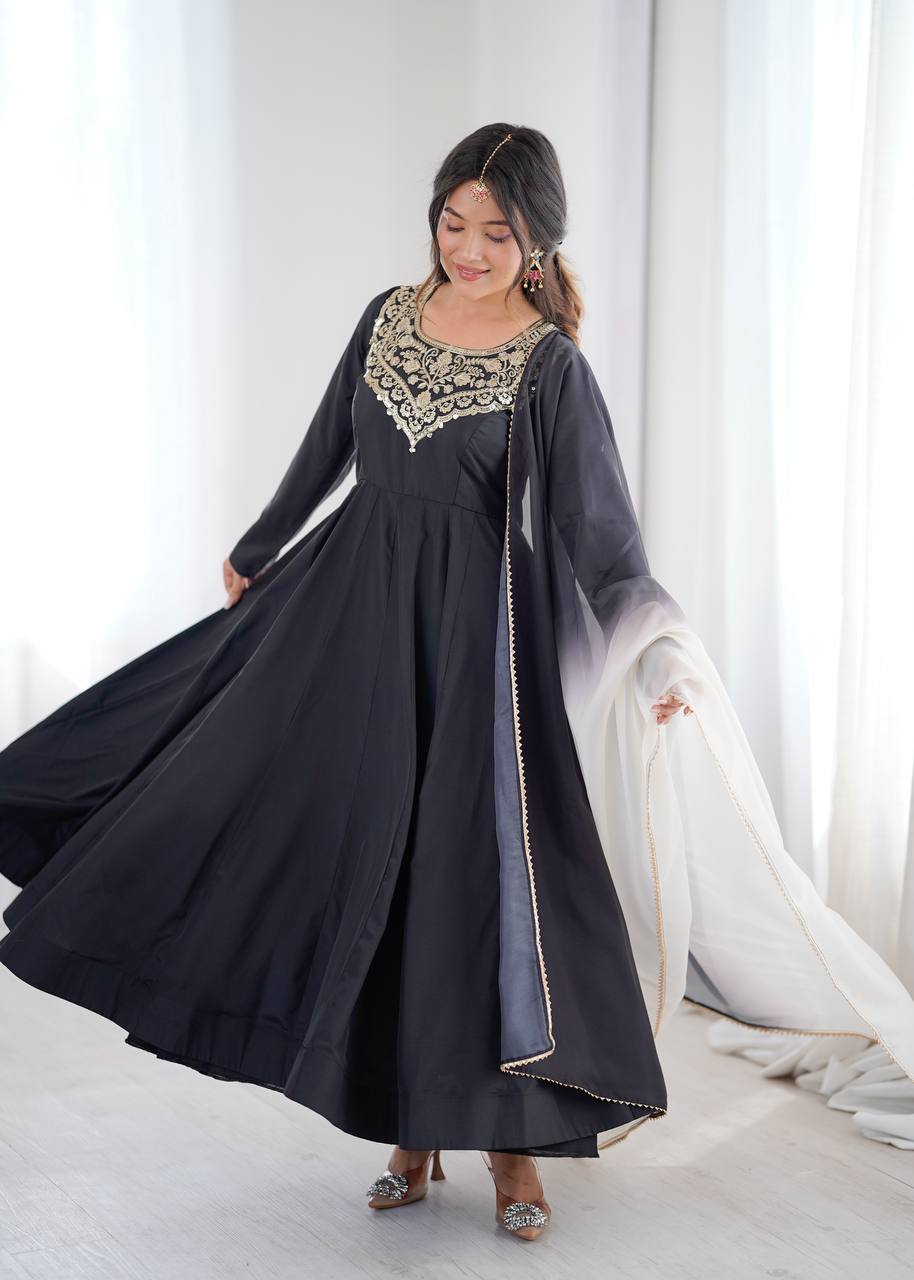 Black French Crepe Embroidered Anarkali Suit Set