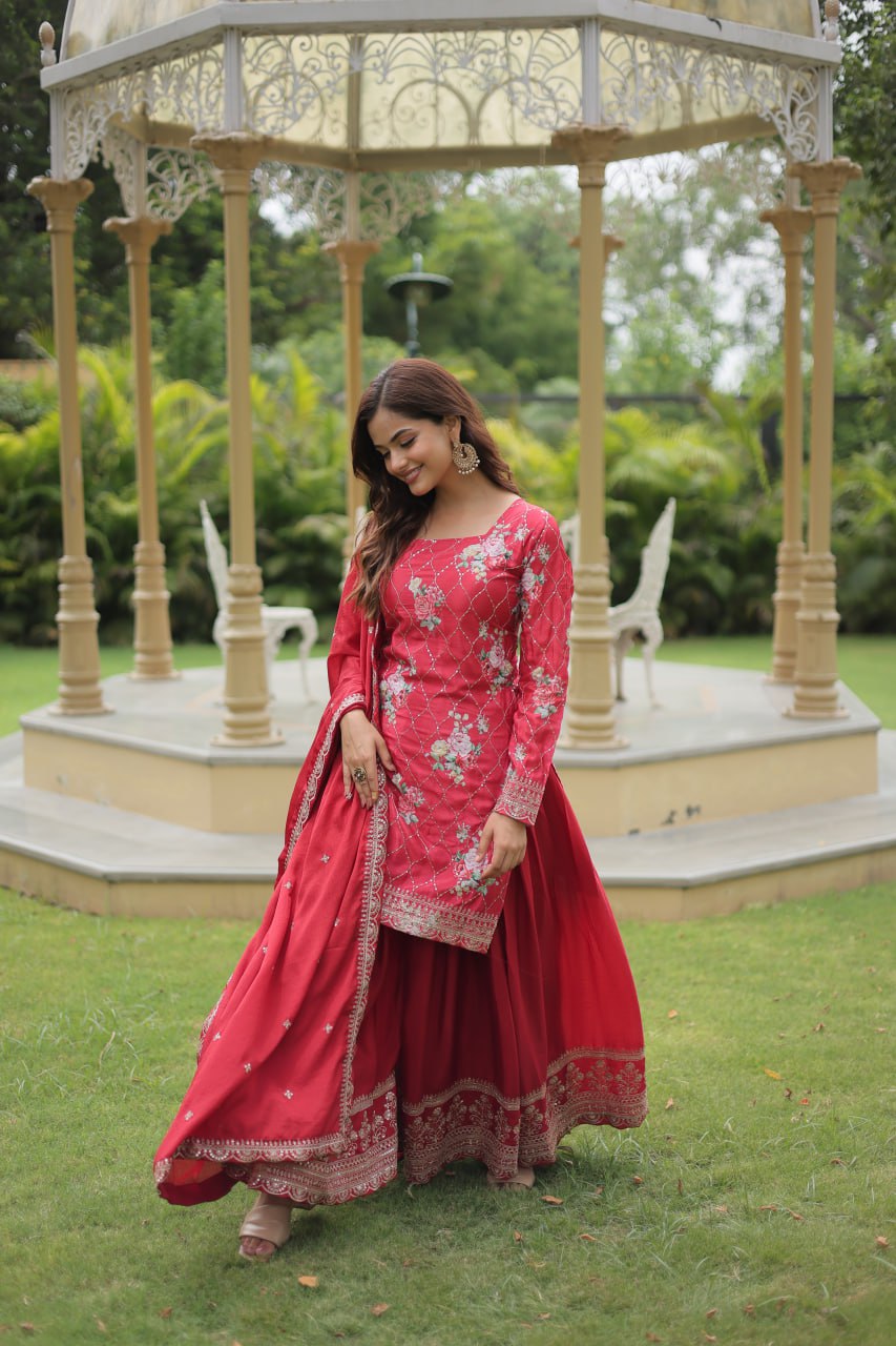 Rose Pink Chinnon Kurti Palazzo Set