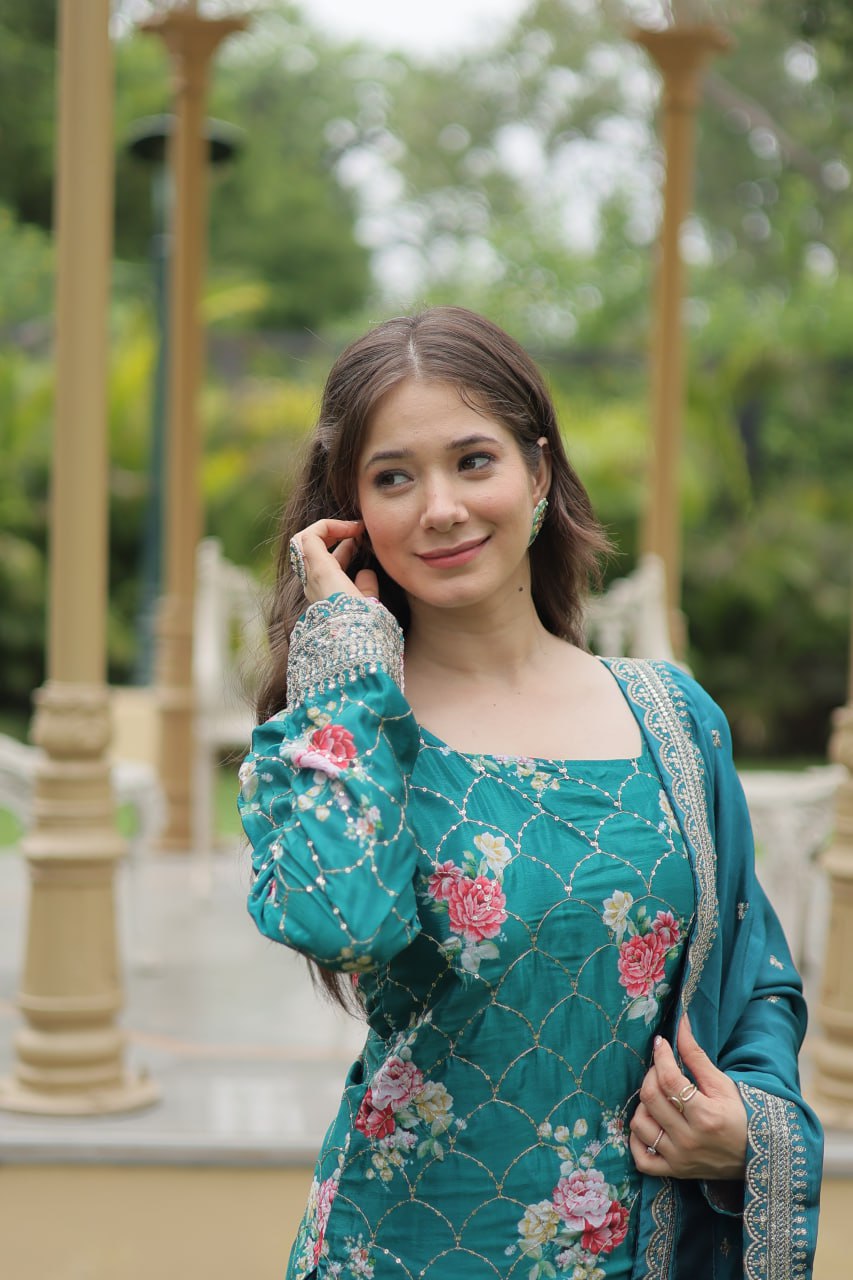 Teal Blue Chinnon Kurti Palazzo Set