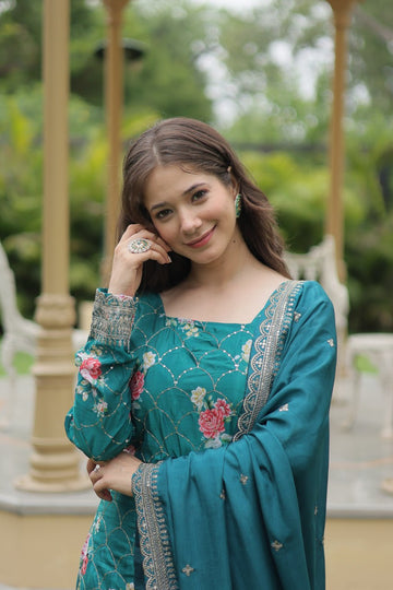 Teal Blue Chinnon Kurti Palazzo Set