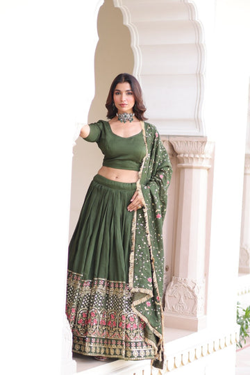 Mehndi Vichitra Silk Sequin Embroidered Lehenga Choli Set