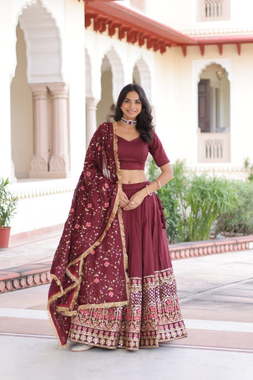 Maroon Vichitra Silk Sequin Embroidered Lehenga Choli Set