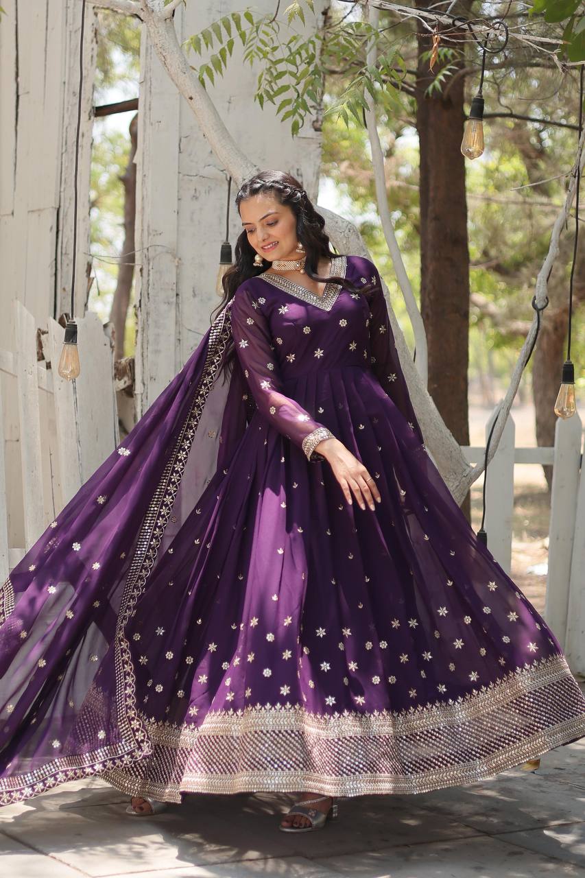 Purple Faux Blooming Anarkali Gown with Dupatta