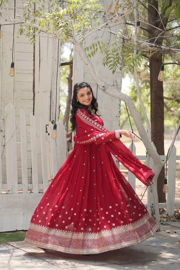Maroon  Faux Blooming Anarkali Gown with Dupatta