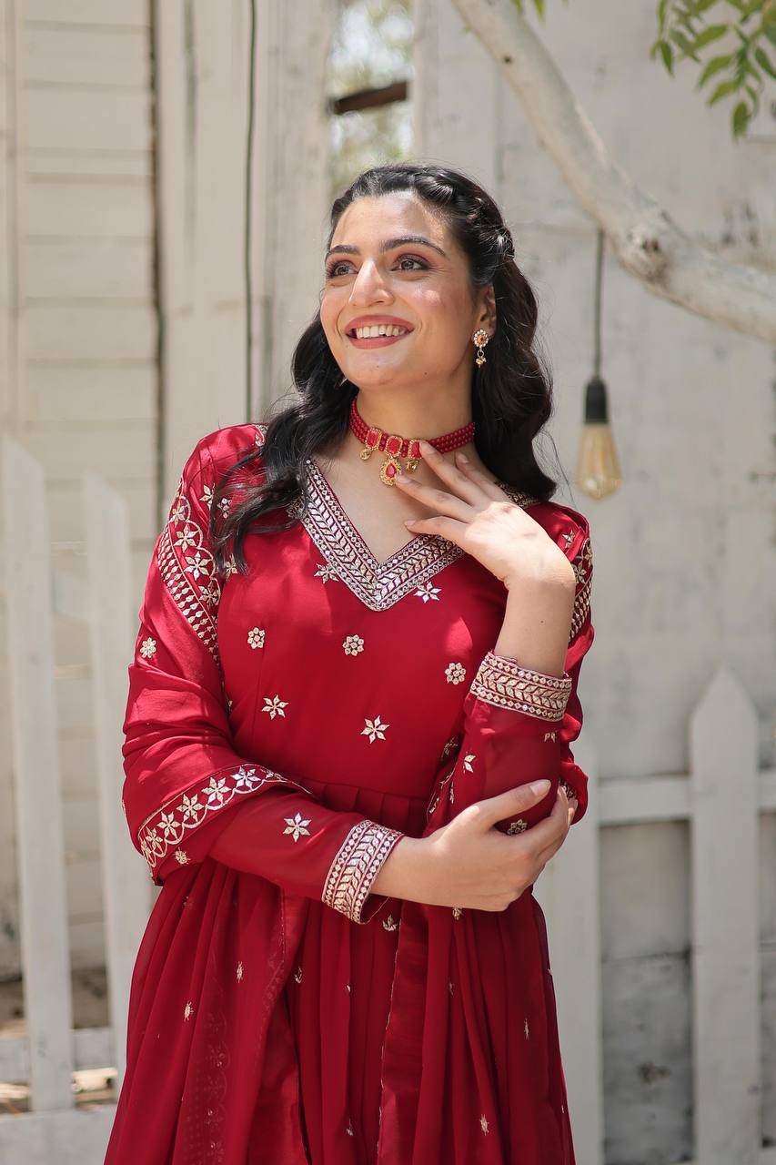 Maroon  Faux Blooming Anarkali Gown with Dupatta