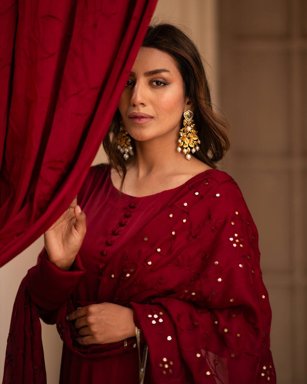 Black & Red Roman Cotton Anarkali Suit Set