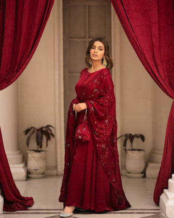 Black & Red Roman Cotton Anarkali Suit Set