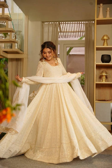 White Georgette Sequin Zari Anarkali Gown