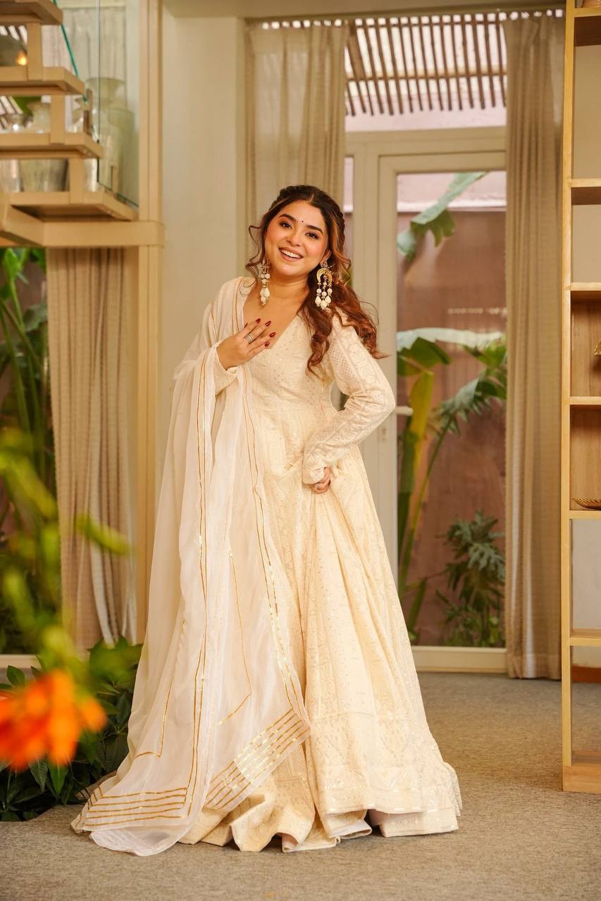 White Georgette Sequin Zari Anarkali Gown