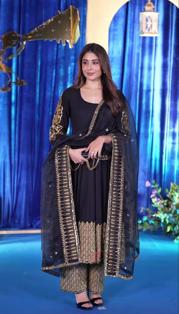 Black Rayon Embroidered Anarkali Set with Dupatta