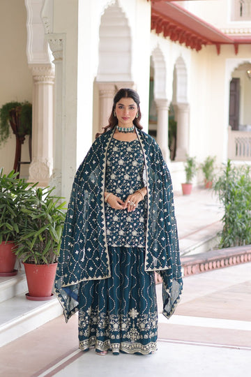 Teal Blue Faux Georgette Sequin Embroidered Sharara Suit Set