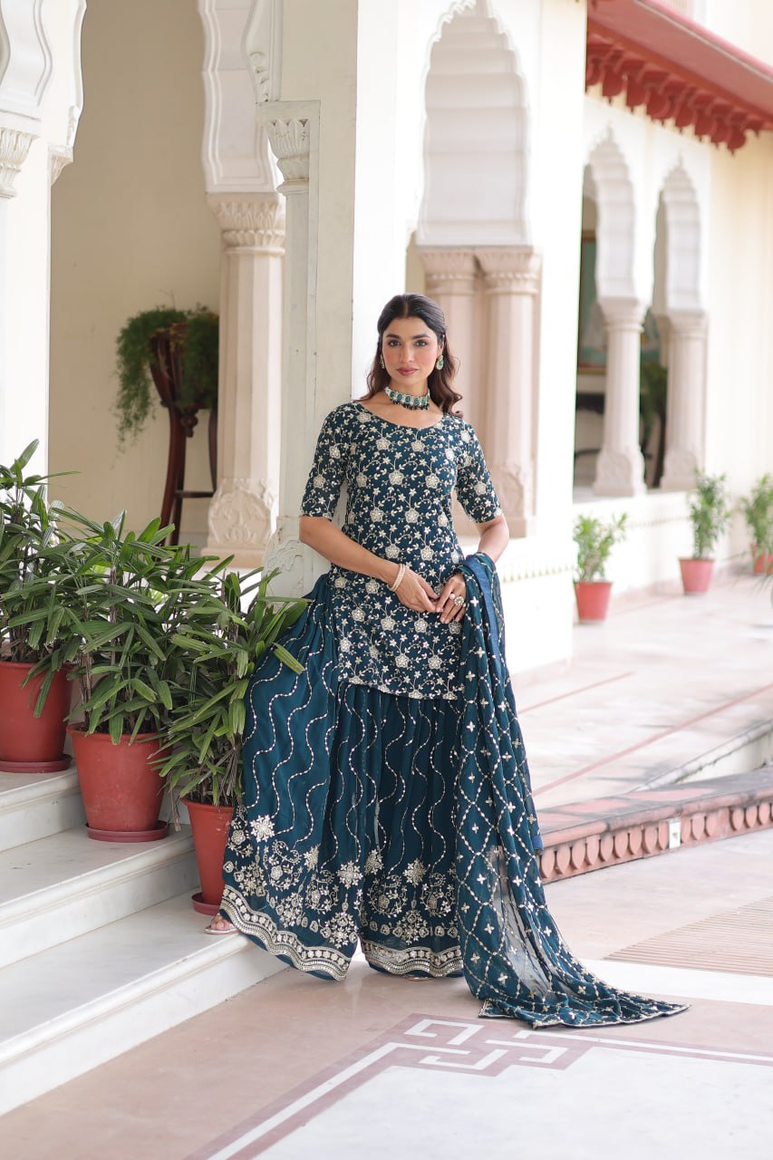 Teal Blue Faux Georgette Sequin Embroidered Sharara Suit Set