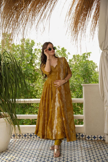 Mustard Yellow Muslin Printed Anarkali Suit Set