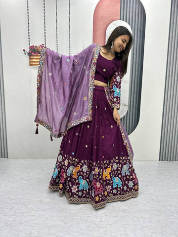 Wine Pure Tissue Silk Lehenga Choli Set with Vichitra Dupatta