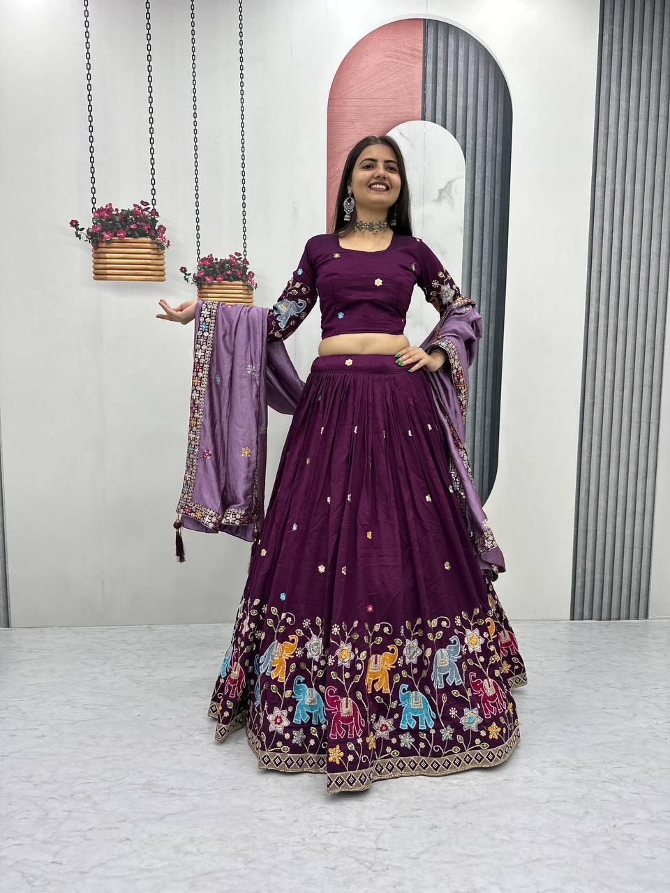 Wine Pure Tissue Silk Lehenga Choli Set with Vichitra Dupatta