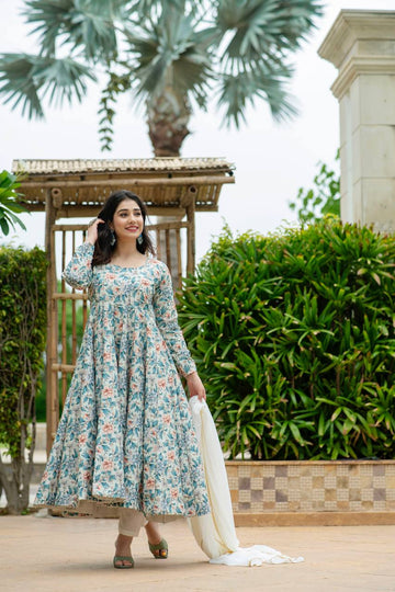 Blue Muslin Printed Anarkali Suit Set with Dupatta