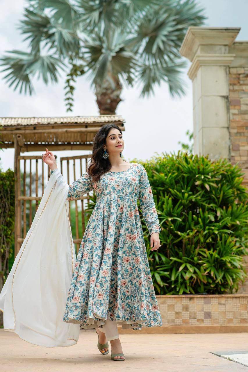 Blue Muslin Printed Anarkali Suit Set with Dupatta