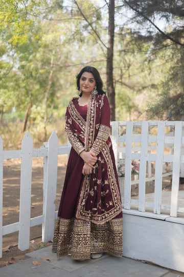 Dark Maroon Vichitra Shimmer Anarkali Gown with Dupatta