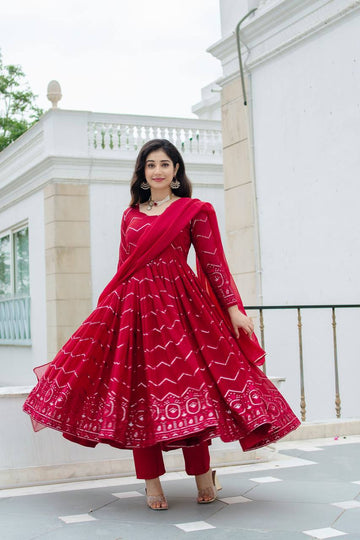 Maroon Red Embroidered Faux Georgette Anarkali Suit Set
