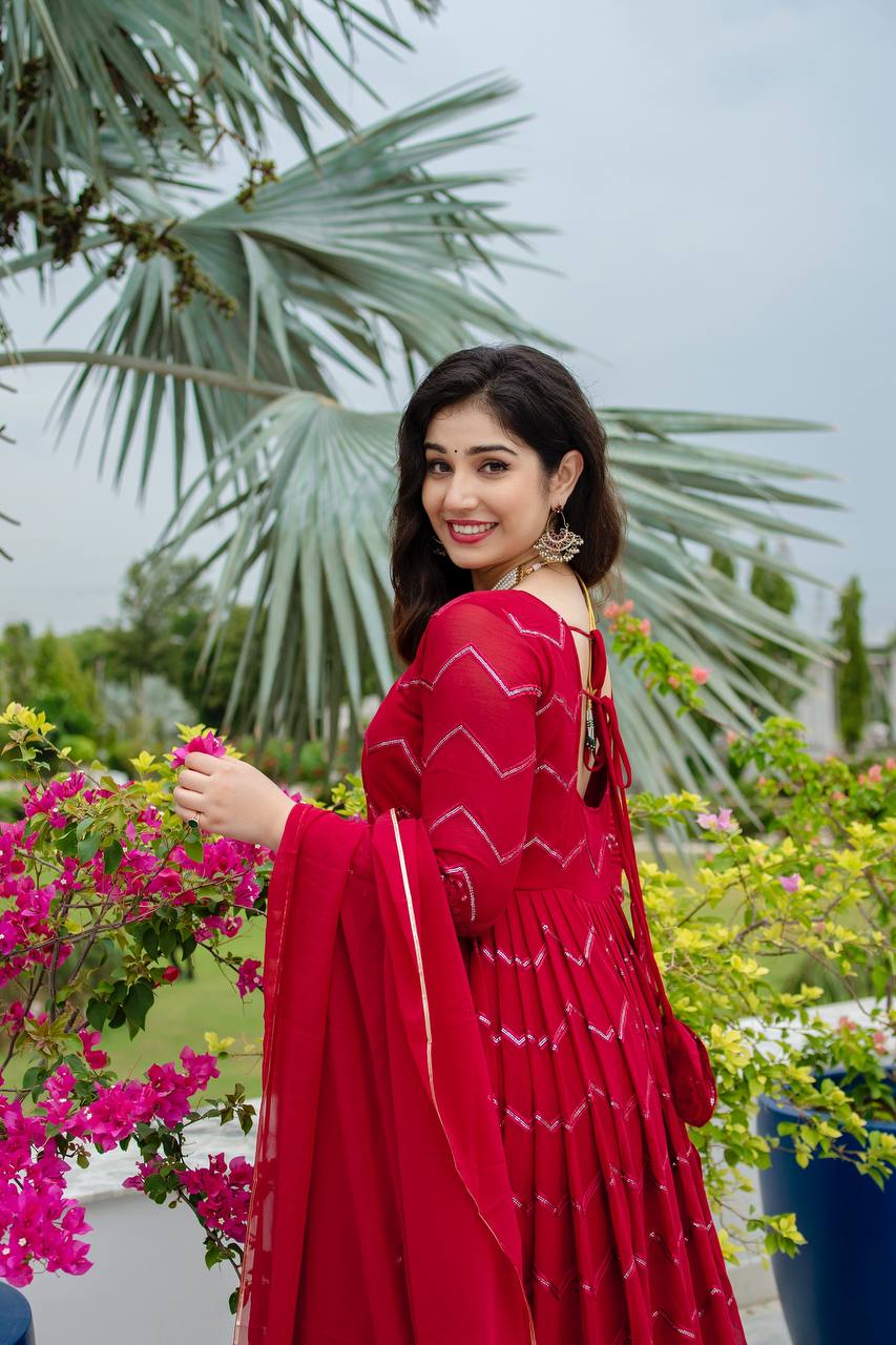Maroon Red Embroidered Faux Georgette Anarkali Suit Set