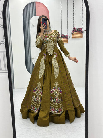 Mehndi Pure Vichitra Embroidered Crop Top Lehenga Set with Shrug