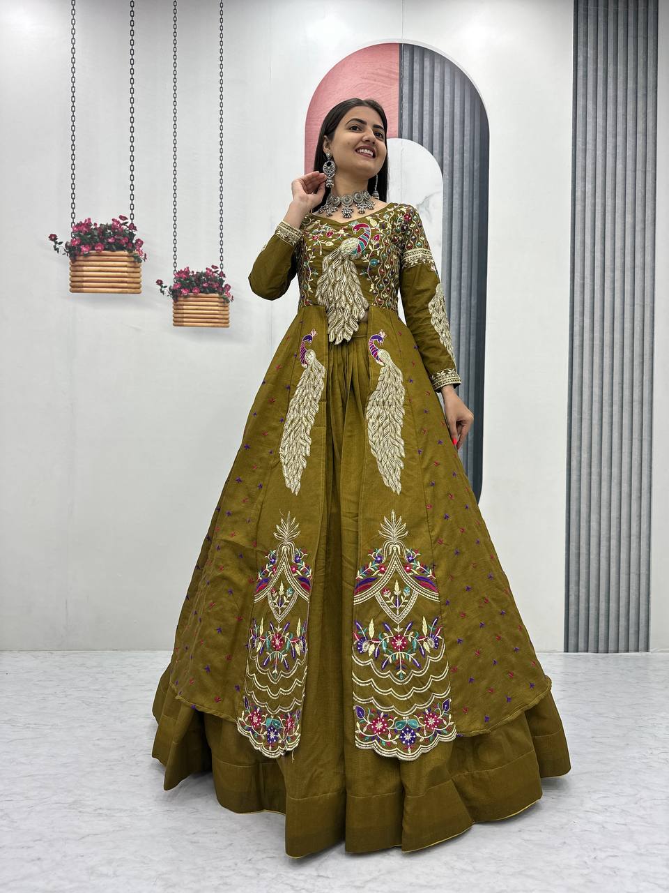 Mehndi Pure Vichitra Embroidered Crop Top Lehenga Set with Shrug