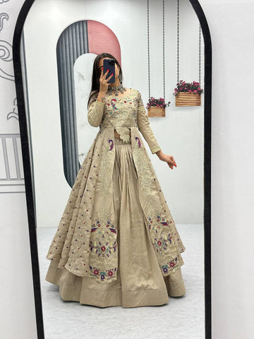 Beige Pure Vichitra Embroidered Crop Top Lehenga Set with Shrug