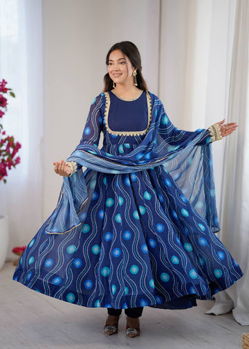 Navy Blue Faux Georgette Bandhani Anarkali Suit Set
