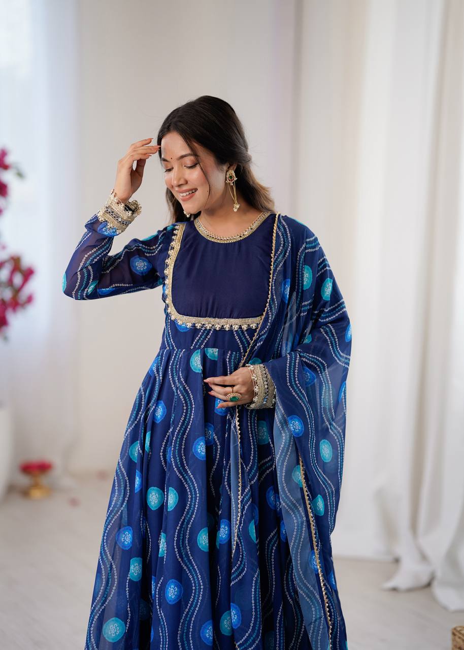 Navy Blue Faux Georgette Bandhani Anarkali Suit Set