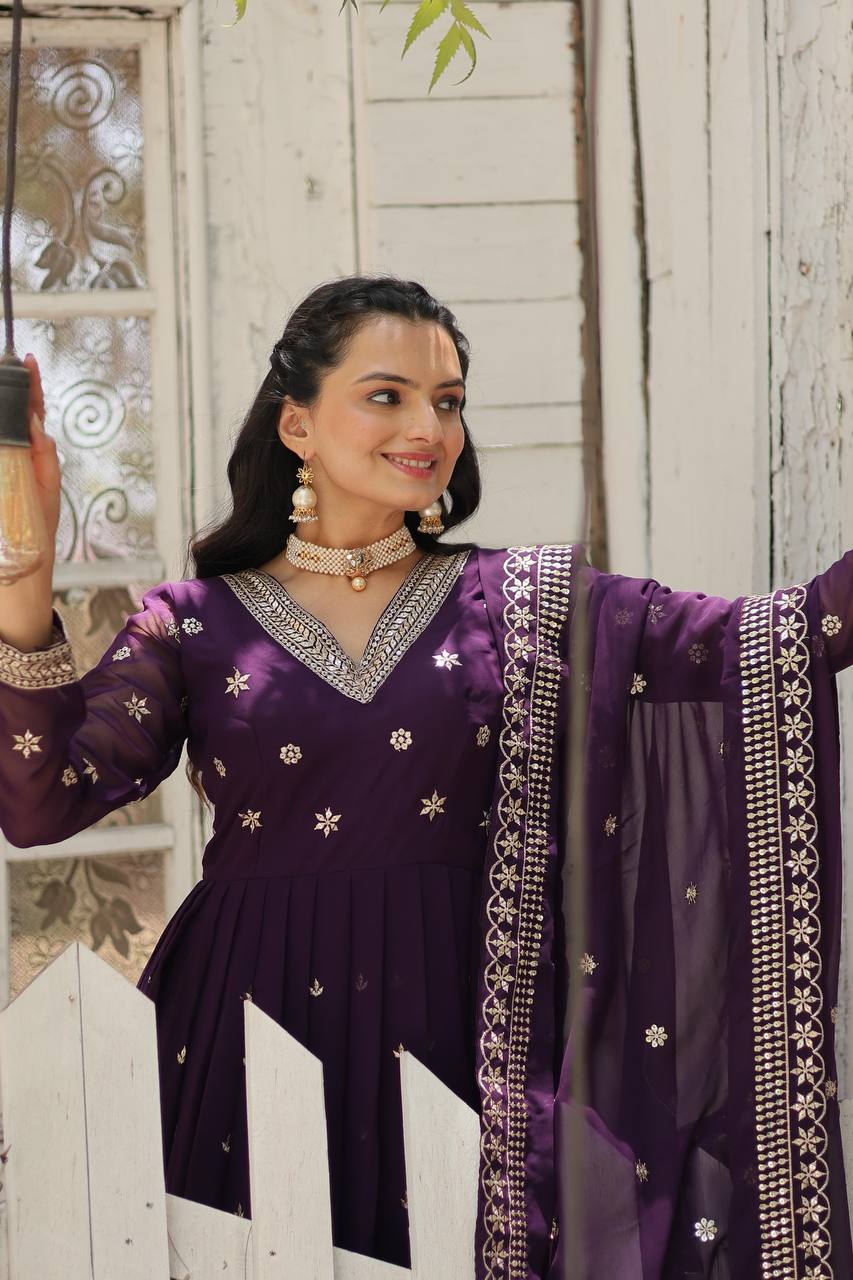 Wine Designer Anarkali Gown with Sequined Dupatta