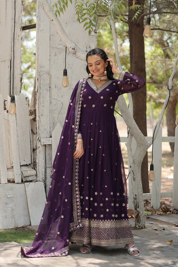 Wine Designer Anarkali Gown with Sequined Dupatta