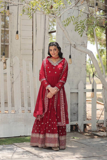 Maroon Designer Anarkali Gown with Sequined Dupatta