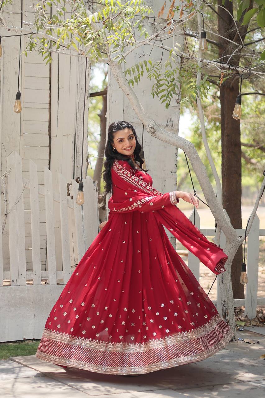 Maroon Designer Anarkali Gown with Sequined Dupatta
