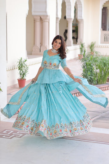 Sky Blue Gold Crush Thread Sequin Embroidered Lehenga Choli Set