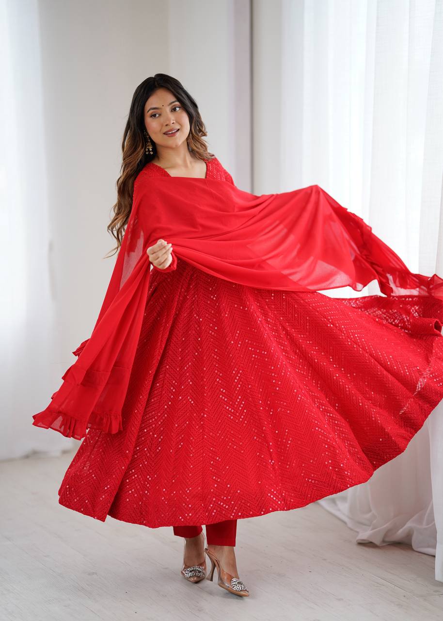 Red Lucknowi Faux Georgette Anarkali Suit Set