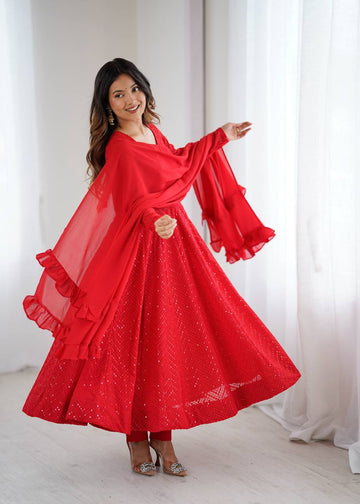 Red Lucknowi Faux Georgette Anarkali Suit Set