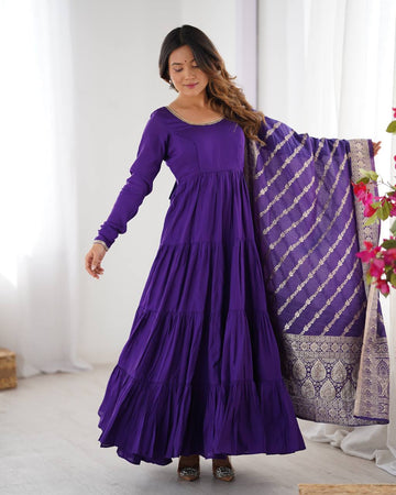 Purple Roman Silk Chanderi Anarkali Suit Set With Dupatta