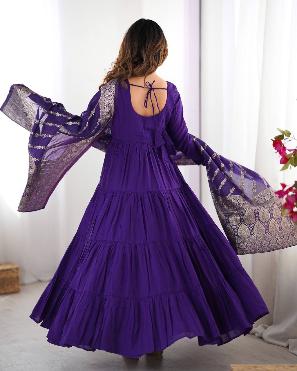 Purple Roman Silk Chanderi Anarkali Suit Set With Dupatta