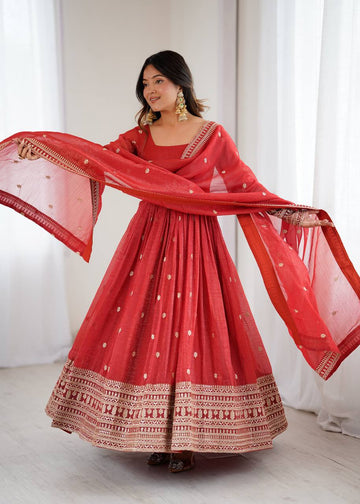 Red Crunchy Silk Embroidered Anarkali Suit Set