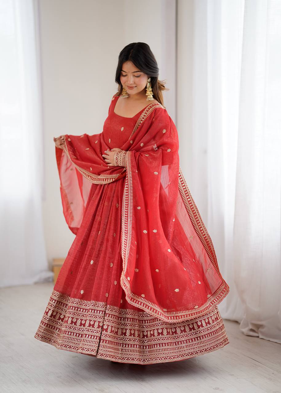Red Crunchy Silk Embroidered Anarkali Suit Set